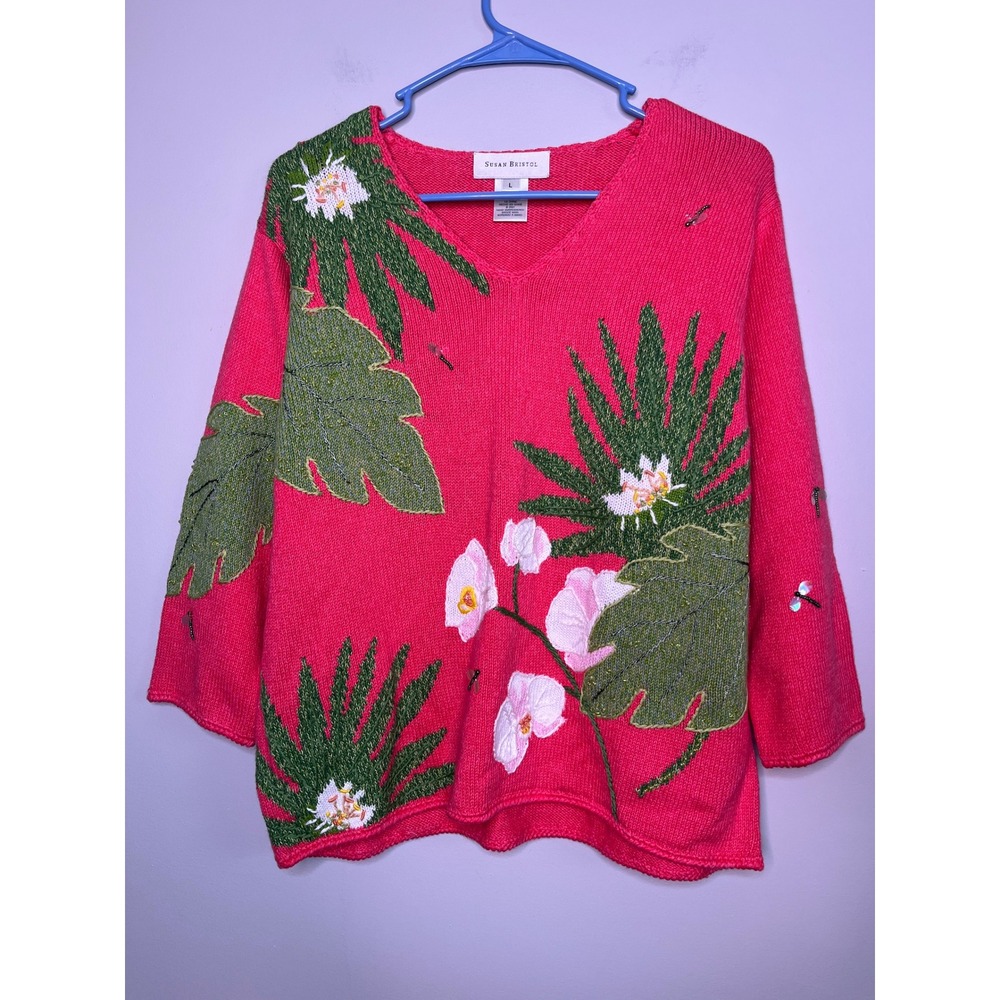 2000s Susan Bristol Palms Coastal Orchids Tropical Dragonfly Bug Beach Sweater L